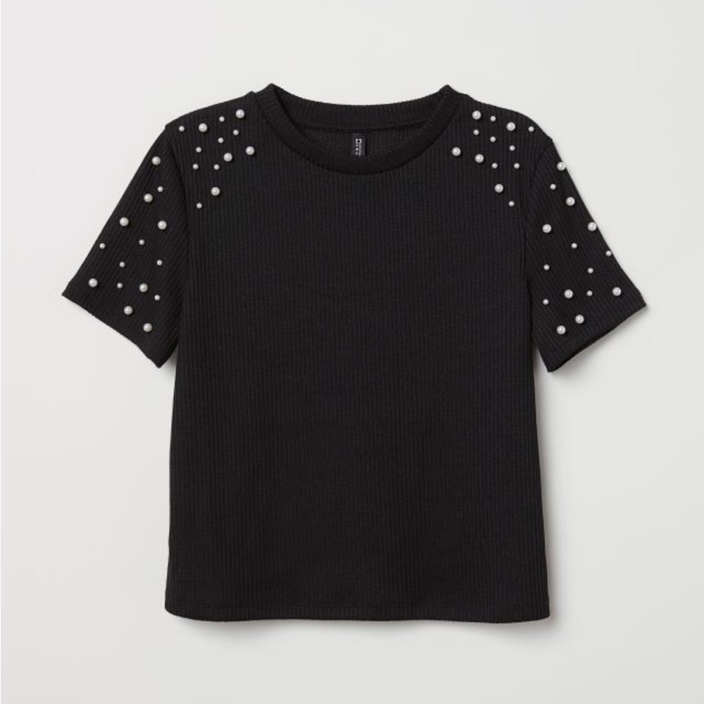 H&M Ribbed Top with Pearl Studs